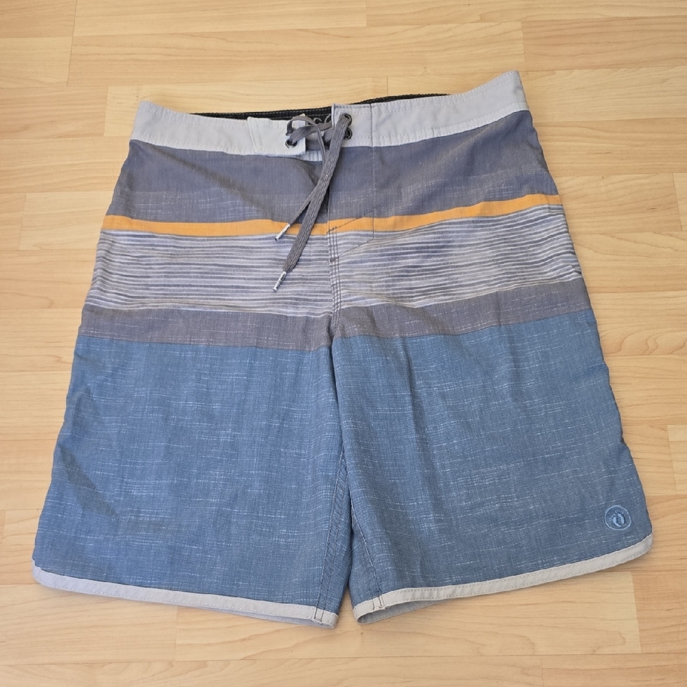 Hang Ten Board Shorts Boys Blue/Gray Striped Swim Short Size L 14/16